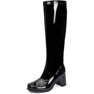 Women's Black Gogo Boots Knee High Block Heel Square Toe 60s 70s Disco Costume